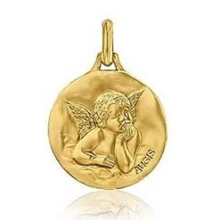 Médaille Ange De Raphaël Augis Patine Main Or Jaune 16 Mm Emeline J5036X0000